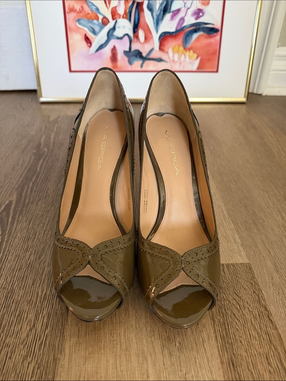 Via Spiga Olive Patent Leather Peep-Toe Heels